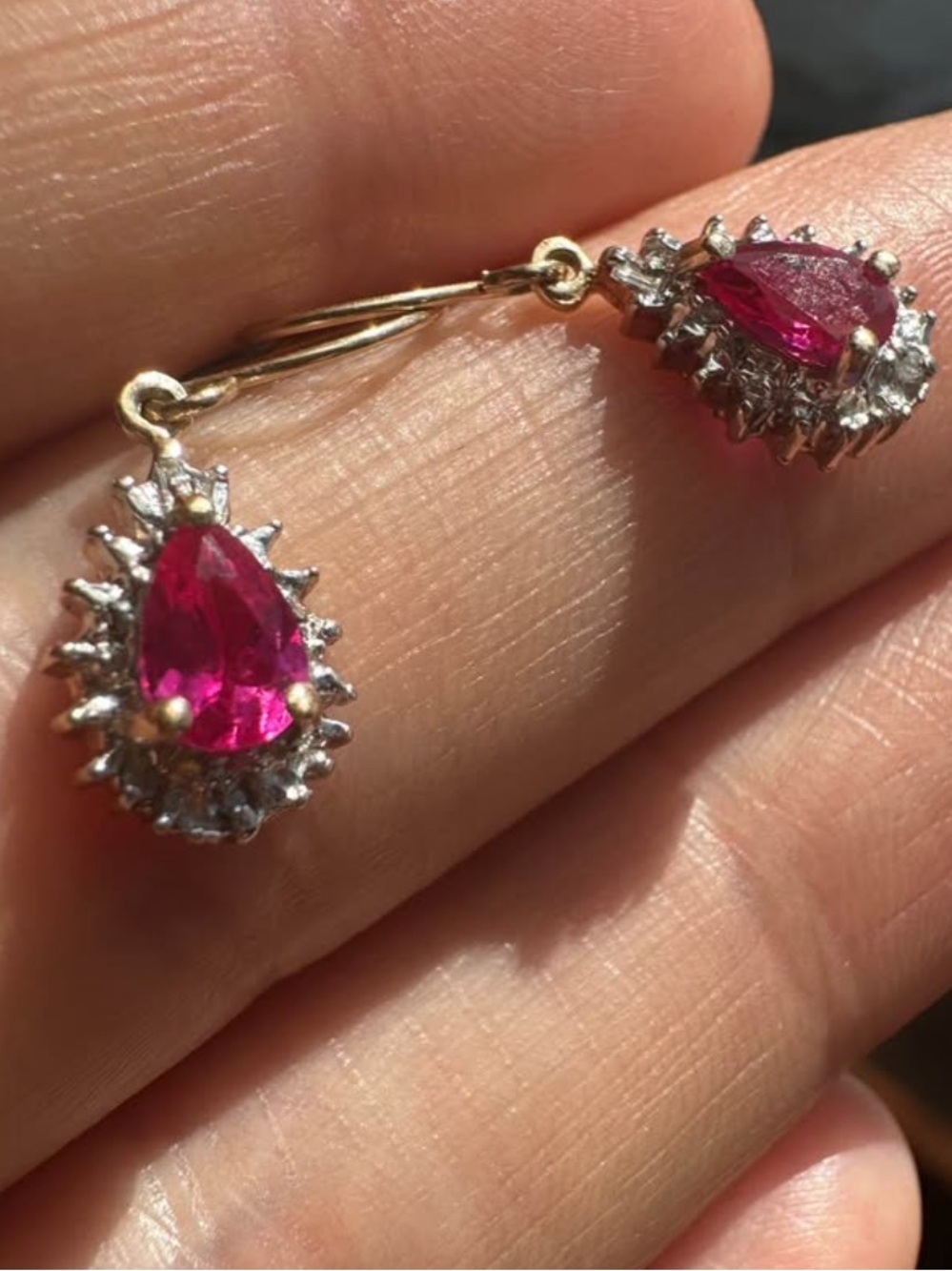 10K Solid Gold diamond & pink topaz earrings dangle long 10K gold earrings